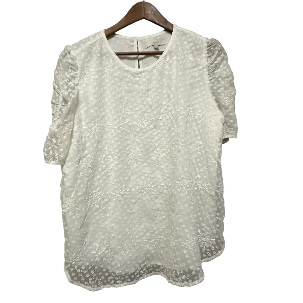LOFT White Floral Embroidery Polka Dot Sheer Puff‎ Sleeve Blouse Top XL